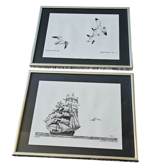 Gaylord Stevens Nautical Pen & Ink Prints Framed Art Seagull Ship Set 1975 1976 - Picture 1 of 9
